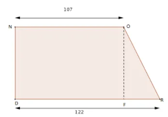 Trapèze rectangle NORD et point F Trapèze rectangle NORD avec point F sur DR, NO égal à 107, ND égal à 112 et DR égal à 122 — exercice de maths en 4ème sur le théorème de Pythagore