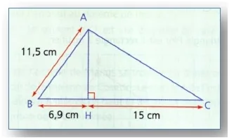 Triangle ABC avec hauteur AH Triangle ABC avec hauteur AH, AB égal à 11,5 cm, BH égal à 6,9 cm et HC égal à 15 cm — exercice de maths en 4ème sur le théorème de Pythagore