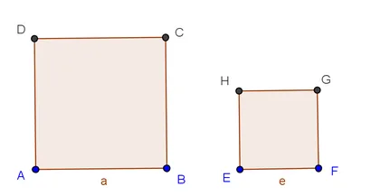 Deux carrés de côtés a et e Deux carrés ABCD de côté a et EFGH de côté e, dont il faut sommer les aires — exercice de maths en 4ème sur le théorème de Pythagore