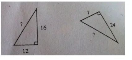 Deux triangles rectangles à compléter Deux triangles rectangles, l’un de côtés 12 et 16, l’autre de côtés 7 et 24, longueur manquante — exercice de maths en 4ème sur le théorème de Pythagore