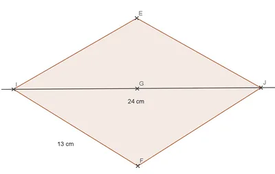 Losange EJFI et diagonale IJ Losange EJFI avec diagonale IJ de 24 cm, centre G et côté de 13 cm — exercice de maths en 4ème sur le théorème de Pythagore