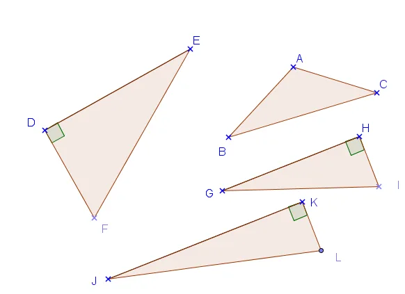 Quatre triangles dont trois rectangles Quatre triangles DEF, ABC, GHI et JKL, trois étant rectangles en D, H et K — exercice de maths en 4ème sur le théorème de Pythagore