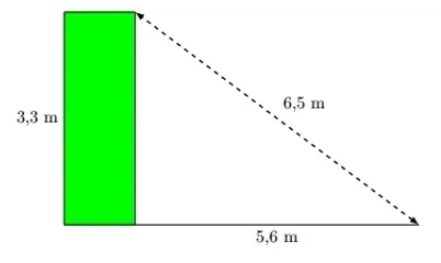 Haie verte, diagonale et base Haie verte rectangulaire de 3,3 m de haut avec une diagonale pointillée de 6,5 m et une base de 5,6 m — exercice de maths en 4ème sur le théorème de Pythagore