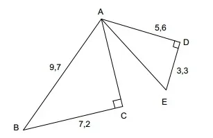 Triangles ABC et ADE Triangles rectangles ABC en C et ADE en D de sommet commun A avec AB = 9,7, BC = 7,2, AD = 5,6 et DE = 3,3 — exercice de maths en 4ème sur le théorème de Pythagore