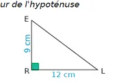 Triangle ERL rectangle en R Triangle ERL rectangle en R avec ER = 9 cm et RL = 12 cm pour calculer l’hypoténuse EL — exercice de maths en 4ème sur le théorème de Pythagore