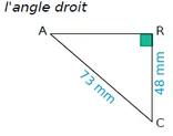 Triangle ARC rectangle en R Triangle ARC rectangle en R avec AC = 73 mm et RC = 48 mm pour calculer le côté AR — exercice de maths en 4ème sur le théorème de Pythagore