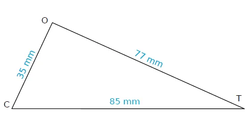 Triangle TOC de côtés 77, 35, 85 Triangle TOC avec TO = 77 mm, OC = 35 mm et CT = 85 mm pour montrer qu’il n’est pas rectangle — exercice de maths en 4ème sur le théorème de Pythagore