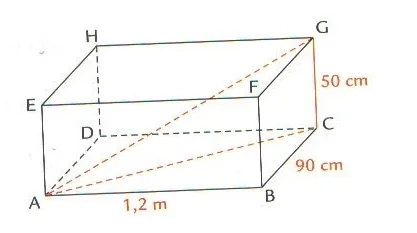 Parallélépipède rectangle et diagonales Parallélépipède rectangle ABCDEFGH de 1,2 m sur 90 cm sur 50 cm avec les diagonales AC et AG — exercice de maths en 4ème sur le théorème de Pythagore